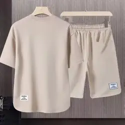 Traje de verano de seda de hielo para hombre, ropa deportiva informal Retro, Conjunto de camiseta y pantalones cortos, cuello redondo suelto, manga corta con cordón, traje deportivo de verano