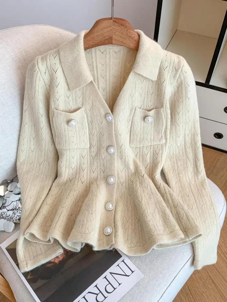 

Осень-зима, бежевый, красный кардиган с длинными рукавами и оборками, свитер во французском стиле ретро, женские фиолетовые однобортные тонкие короткие вязаные топы