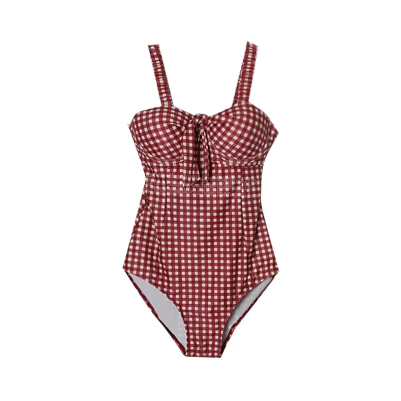 Sexy Bandeau jednoczęściowy strój kąpielowy kobiety w kratę Push Up Monokini Pad kostium kąpielowy z kokardą Trikini czerwony kostium kąpielowy