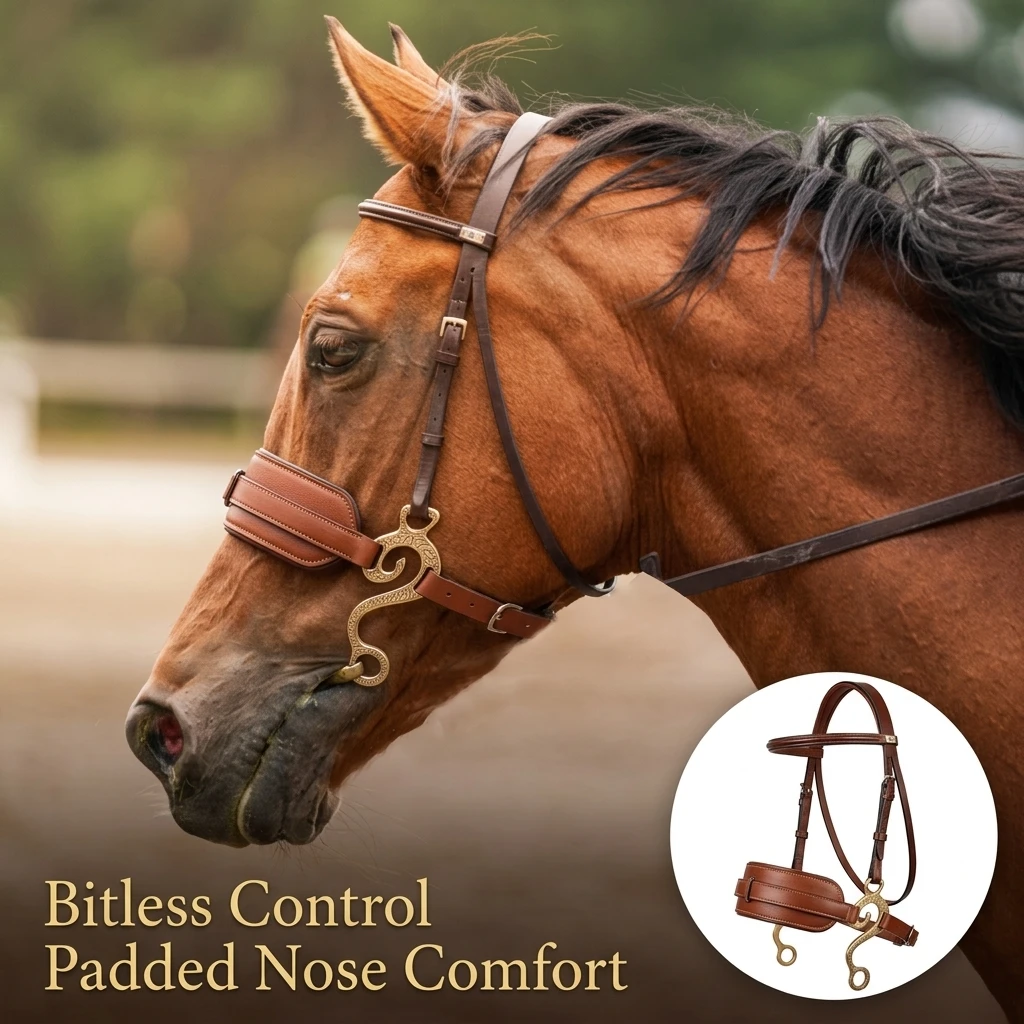 Horse Bitless Bridle Mechanical Hackamore Leather Padded Noseband Adjustable Equestrian Riding Tack for Training Western English