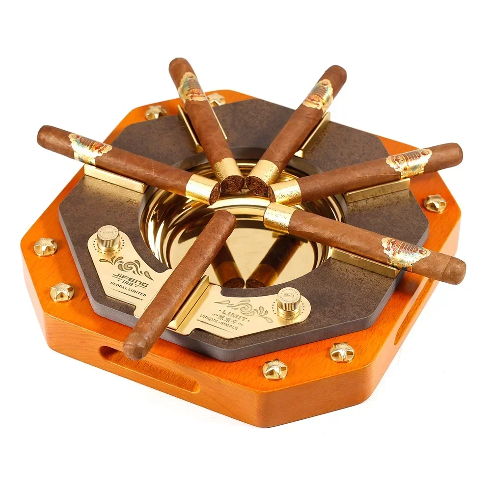 JIFENG JF-6002 unique octagon cigar ashtray with cutters both cigar punches 6 slots wood and metal luxury cigar ashtray