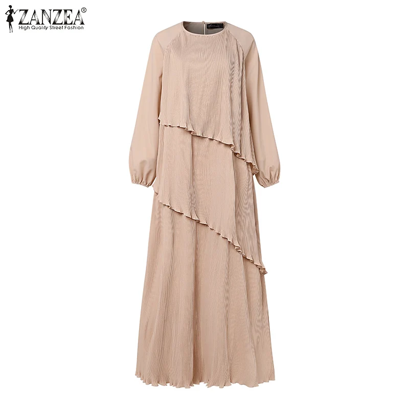 ZANZEA Modest Layered Plisse Patchwork Muslim Maxi Dress, Women's Lantern Sleeve Elegant Abaya, Islamic Hijab Pleated Robe Femme