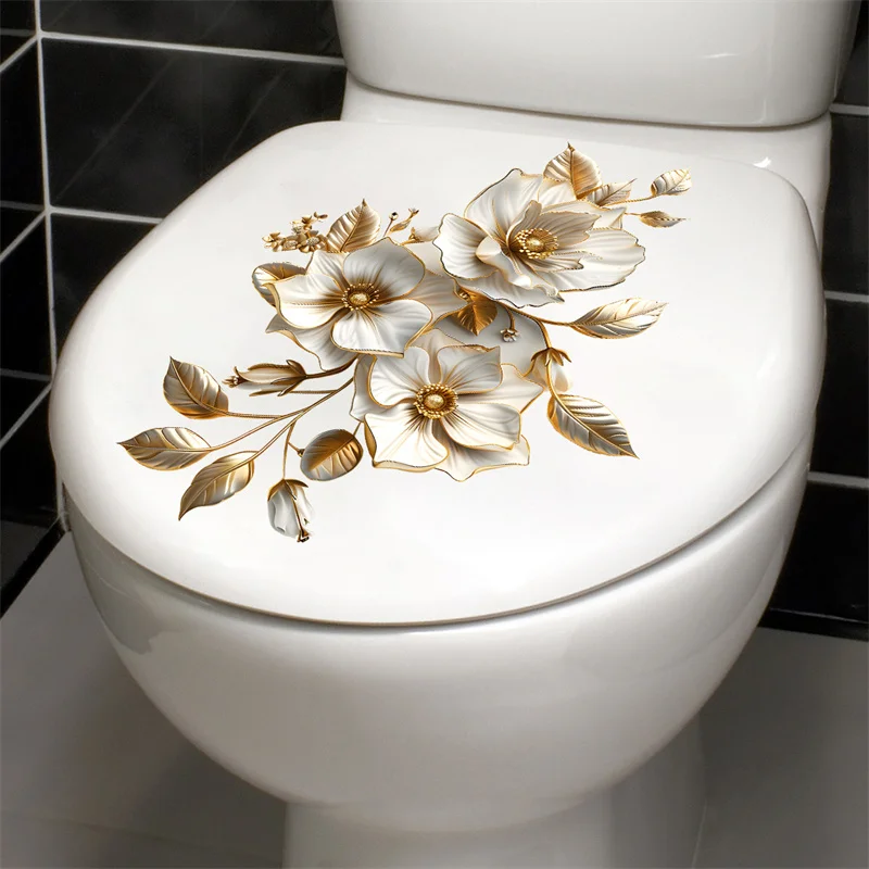 【S】30X30cm White Flower Toilet Sticker Beautiful Bathroom Waterproof Self Adhesive Toilet Cover Decorative Sticker