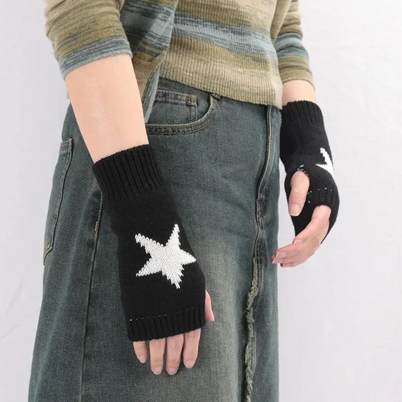 Black Gothic Women Knitted Warm Half Gloves Autumn Winter Fingerless Gloves Lolita Girls White Lolita Accessories Mittens