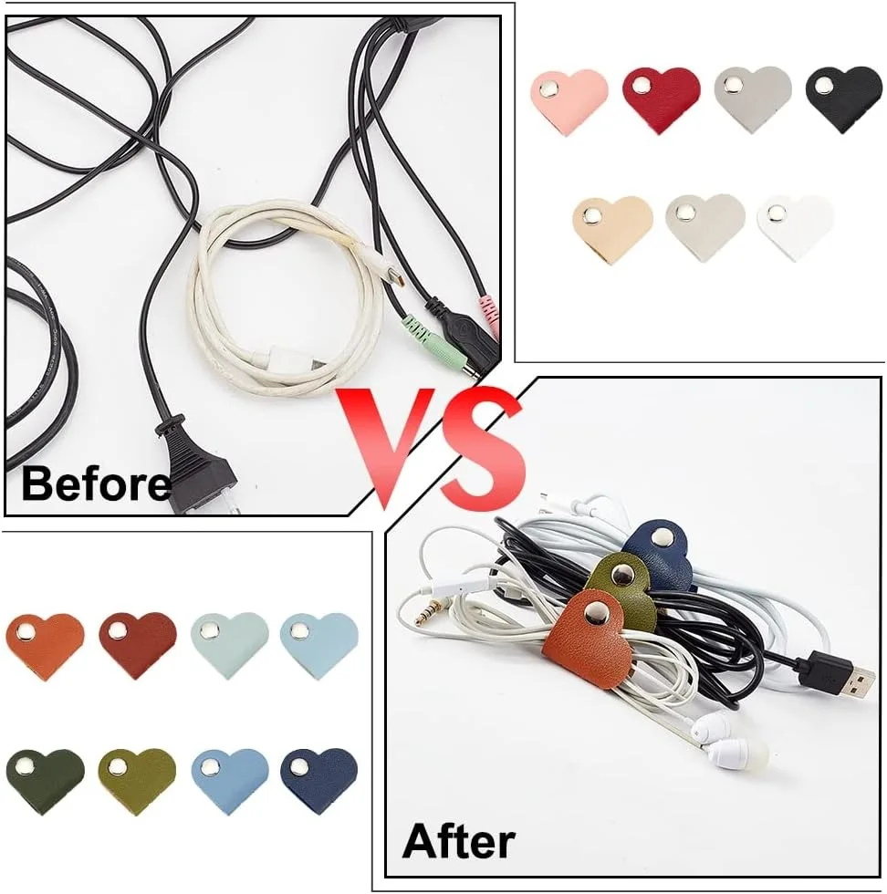 Electronics Wire Storage Straps Set of 6, Heart Shaped PU Leather Cord Organizers, Protective Wraps for Earphones & USB Data Cables