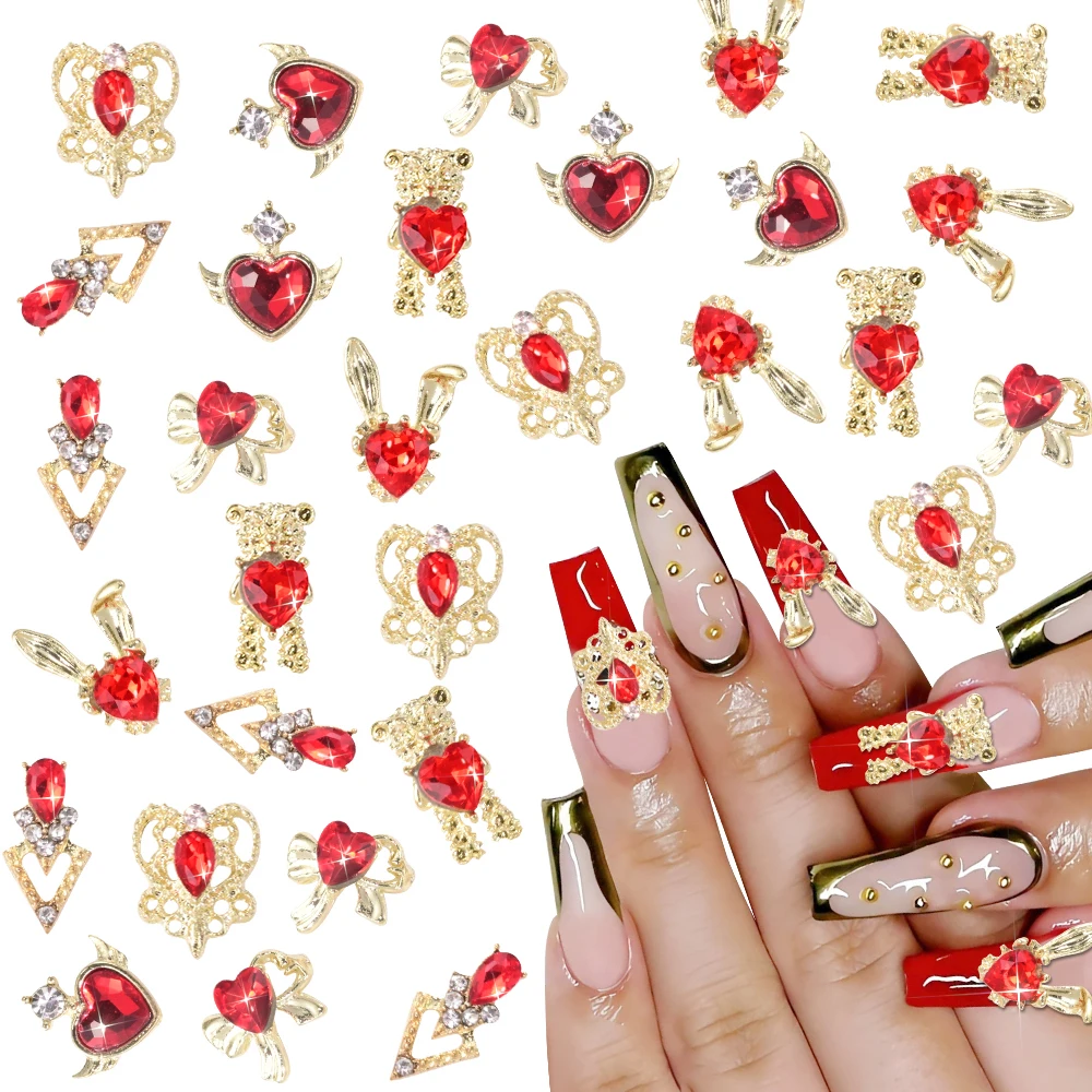 6칸 3D 럭셔리 메탈 합금 하트 지르콘 네일 아트 참 장식품, 홀로그램/리본/곰/토끼 모양, 레드 하트 글라스 라인스톤 네일 데코