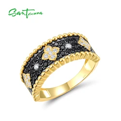 SANTUZZA Pure 925 Sterling Silver Ring For Women Sparkling Black Spinel White CZ Flower Antique Look Delicate Cute Fine Jewelry