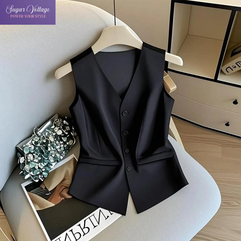 

French Elegant Style Satin Vest Jacket Women Summer V Neck Sleeveless Jacket Ice Silk Short Waistcoat Chic Office Lady Outfit