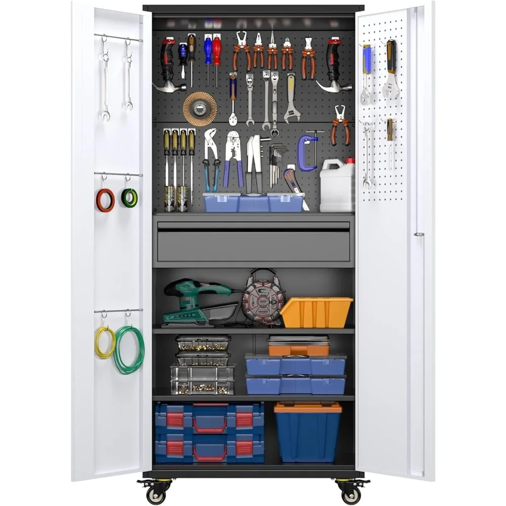 Garage Storage Cabinet with Wheels, Metal Tool Storage Cabinet with 1 Drawer for Home Office Storage,Assembly Required