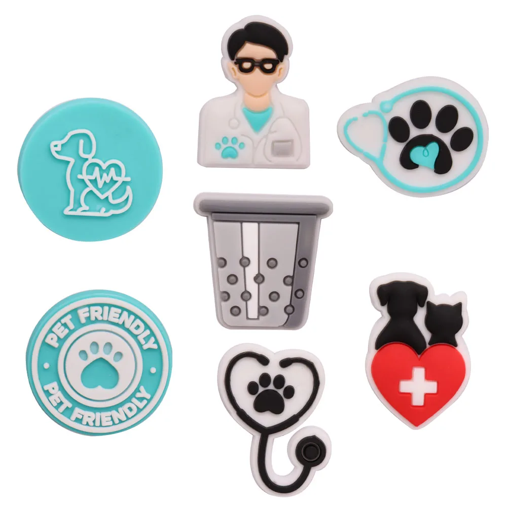 7pcs Pet Friendly Dog Love Stethoscope PVC Sandal Shoe Buckle Charms Clog Garden Shoes Decorations DIY Adult Party Present