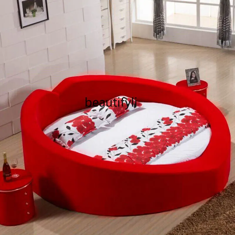 Leather Large round Bed Double Master Bedroom Marriage Bed Hotel Heart-Shaped Simple Wooden Fabric Bed