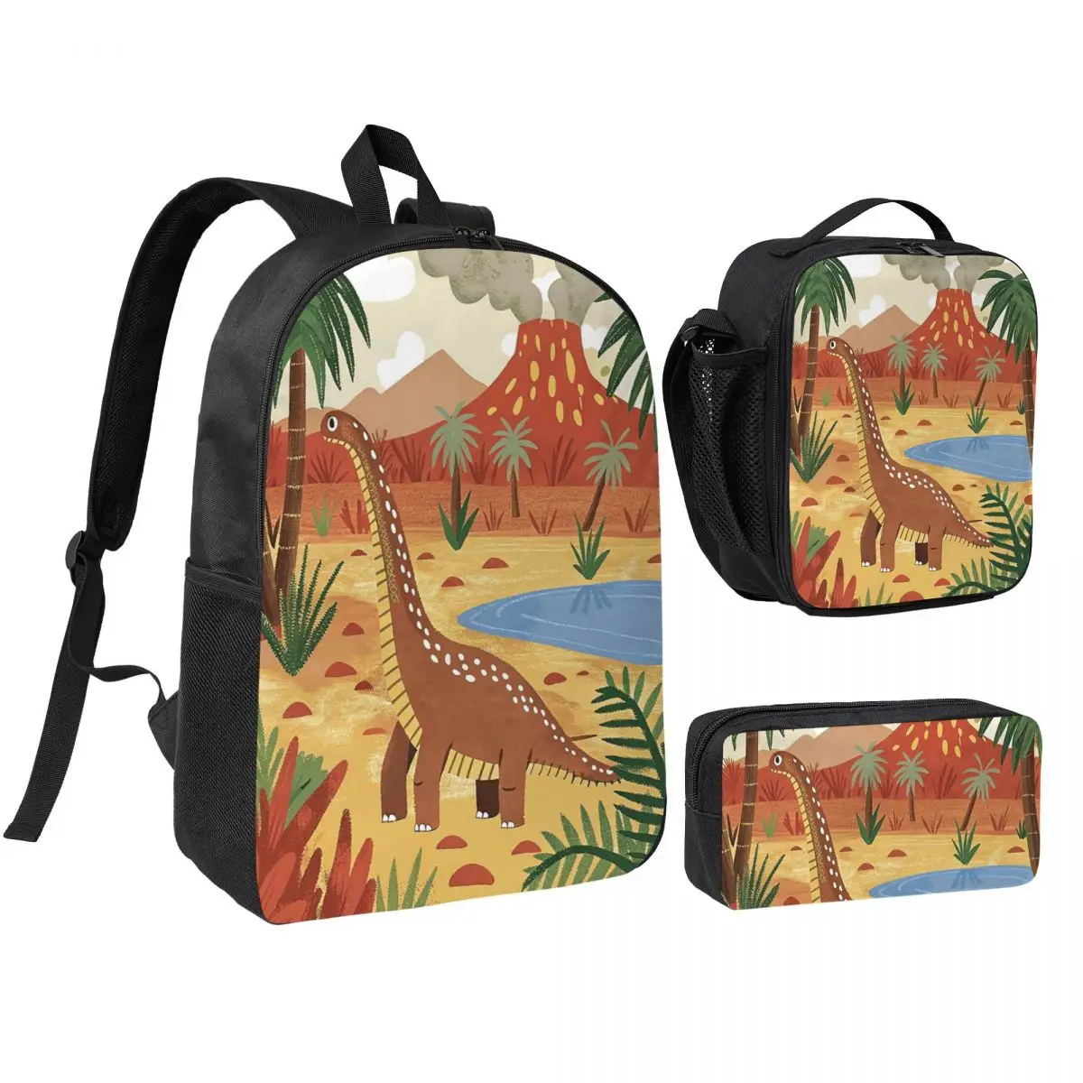 Cartoon Dinosaur World Scenery Backpack Student BookBag School Bag Shoulder Bags 3ps Insulated Lunch Bag Pencil Case