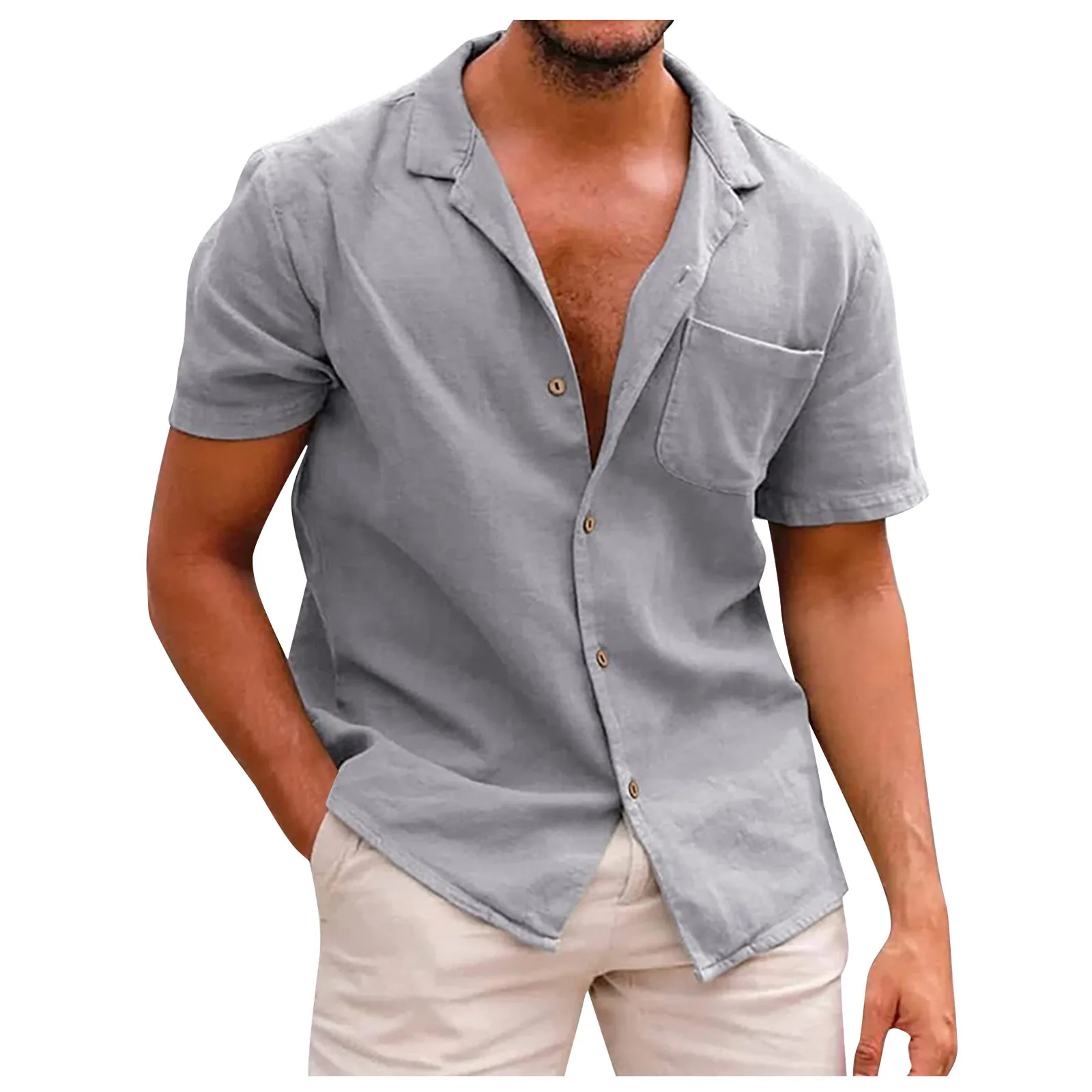 

Men Short Sleeve Shirts Summer Causal Fashion Cotton Linen Solid Color Shirts Daily Simple Classic All-Match Blouse Tops