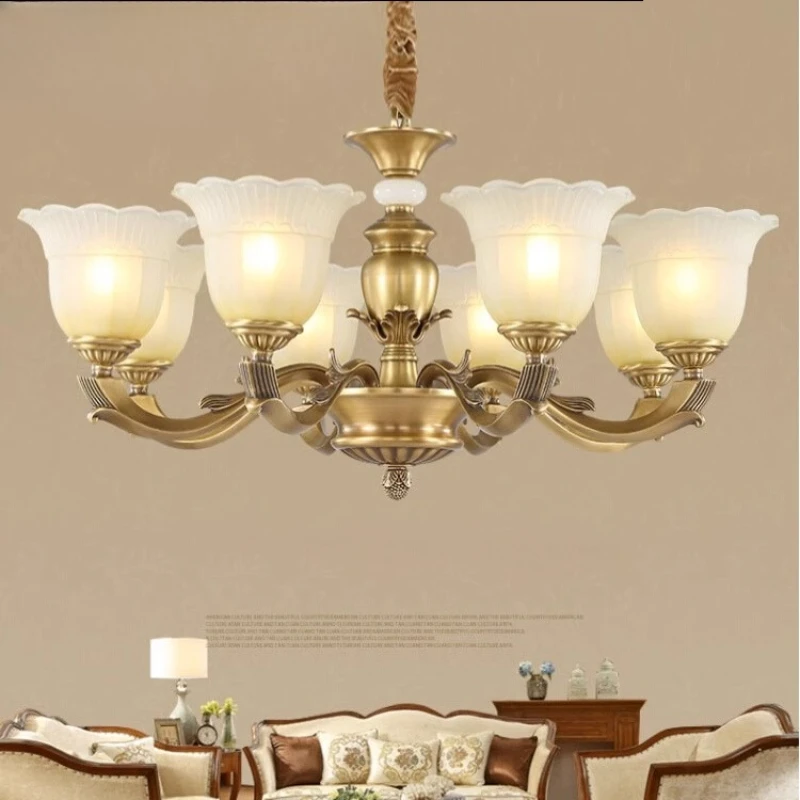 

European Luxury All Copper LED Chandeliers White Frosted Glass Pendant Lights Living Room Bedroom Restaurant Hotel Hanging Lamps