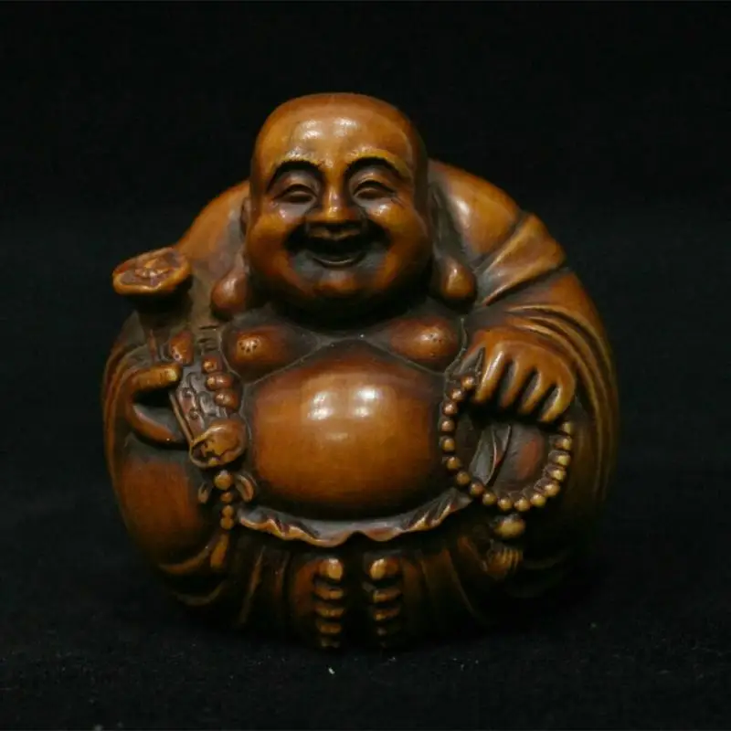 Old Chinese Boxwood Wood Carved Wealth Ruyi Happy Laugh Maitreya Buddha Statue