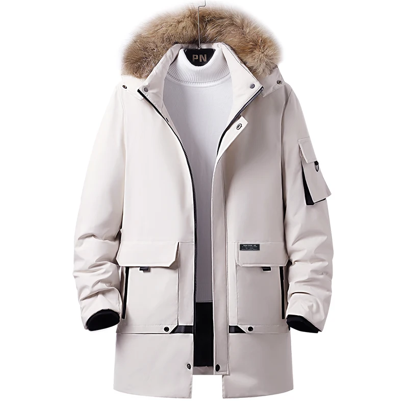 Winter Mid-length White Duck Jacket Fashionable Detachable Hat Design Large Wool Collar Windbreaker Coat 2024 New Men's Parka