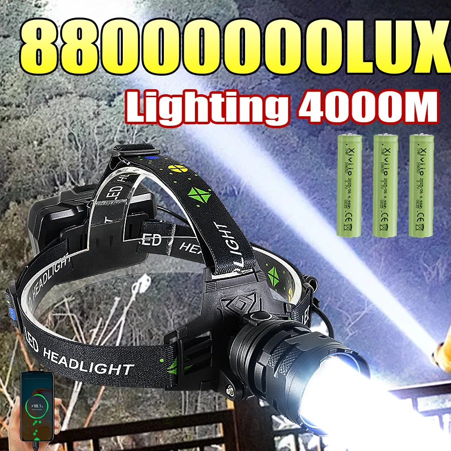 800W Powerful Headlamp Portable 3*18650 USB Rechargeable Lamp Super Powerful Head Flashlight 4KM Long Range LED Headlamp Fishing