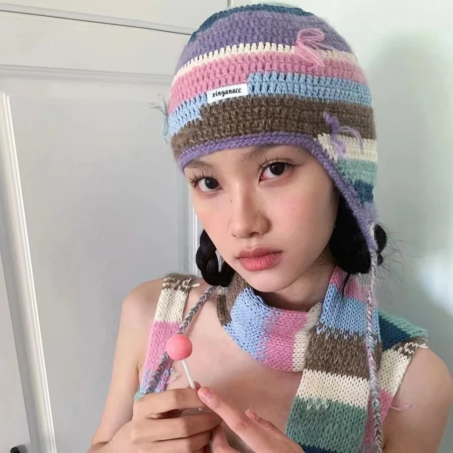 

Striped Knitted Ear Protection Hats For Women&Men Balaclava Winter Warm Beanies Cap Lovers Outdoor Coldproof Skullies Hats Gorro