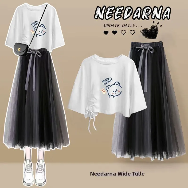 Summer 2023 Women's Korean Loose Design Sense Drawstring Print T-shirt Ultra Fairy Skirt Two-piece Set Short Sleeve Fashion