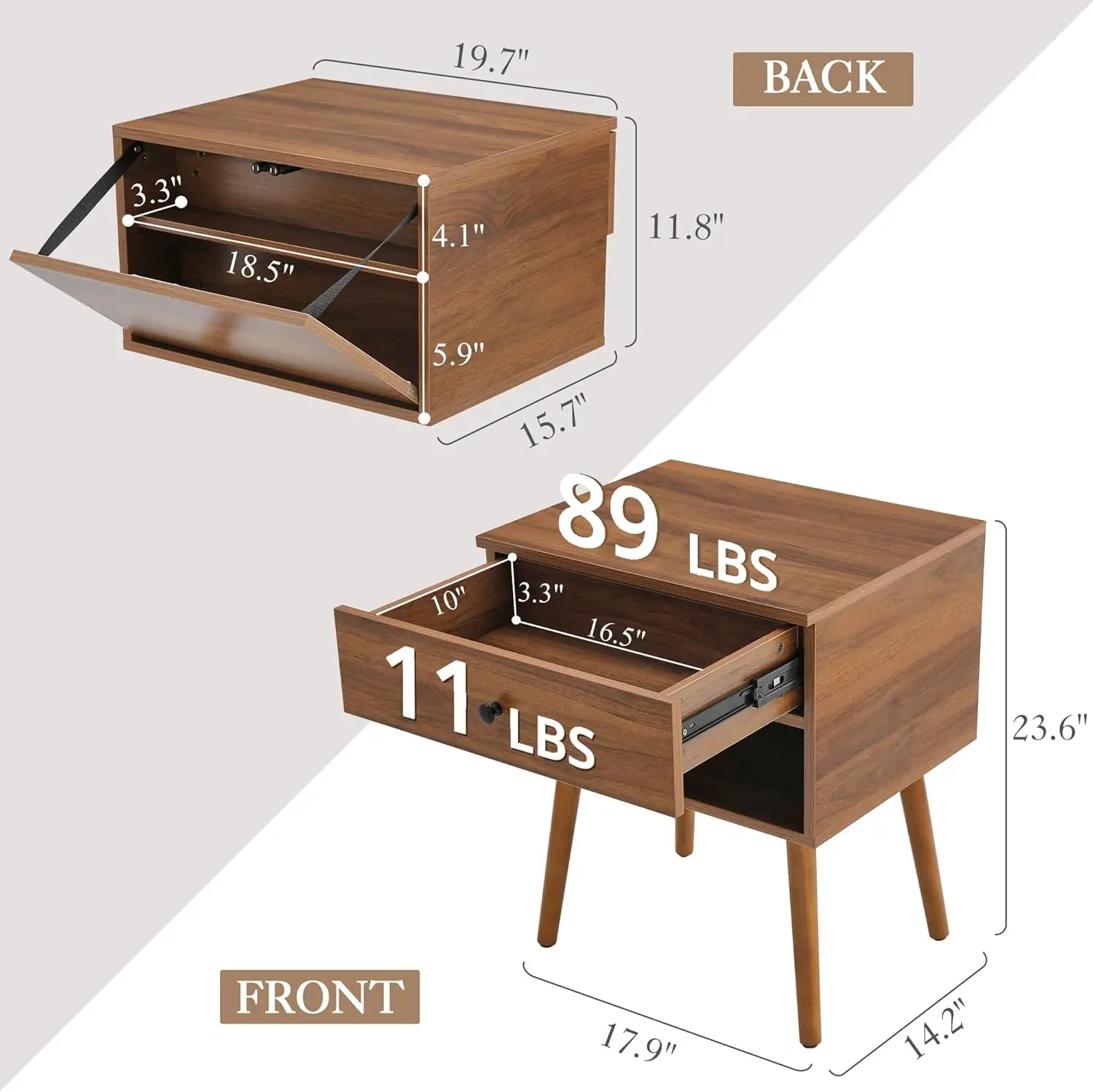 Mid Century Modern Concealment Furniture, End Table with Storage Drawer, Bedside Table with Wood Legs for Bedroom (2,Walnut)