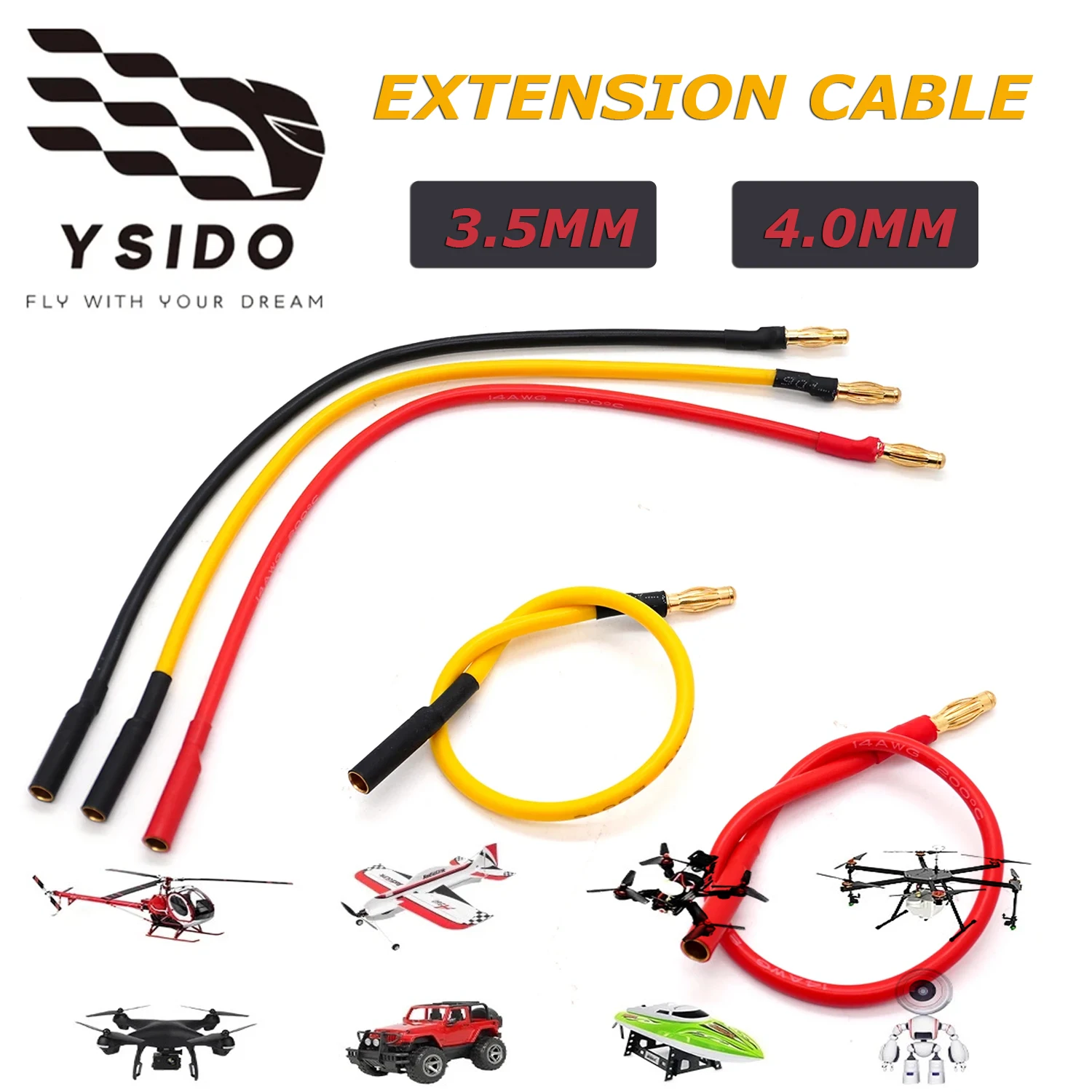 

YSIDO Gold Bullet Extension Cable Wire Silicone Wire 3.5mm 4.0mm Plug Connector Extension Cable for RC Drone Car Motor/ESC Parts
