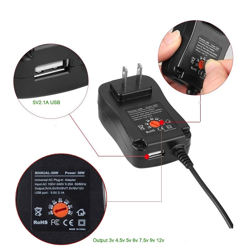 الولايات المتحدة/الاتحاد الأوروبي التوصيل 3 فولت 4.5 فولت 5 فولت 6 فولت 7.5 فولت 9 فولت 12 فولت التيار المتناوب/تيار مستمر محول قابل للتعديل الجهد محولات الطاقة 30 واط العالمي شاحن التبديل التيار الكهربائي #5