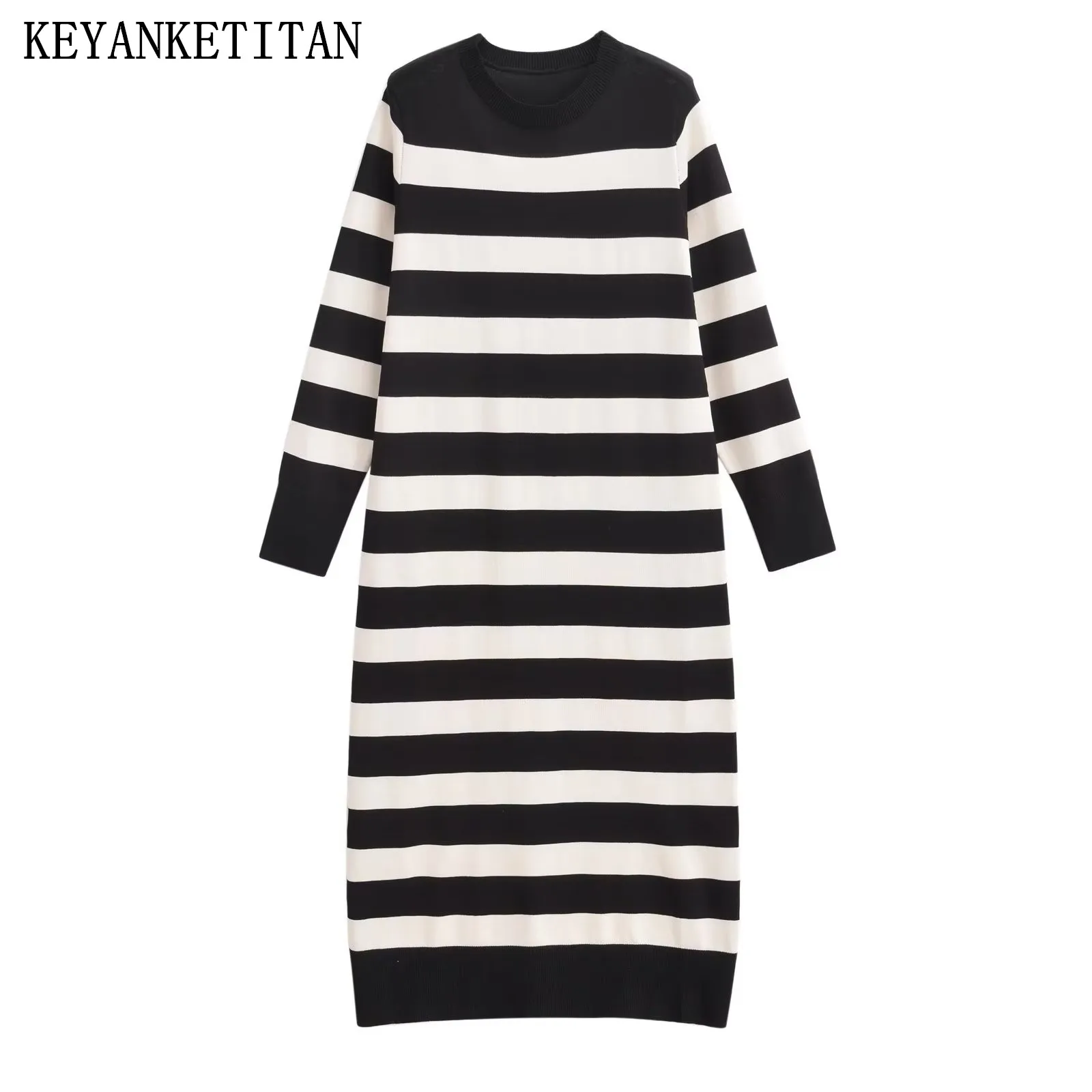 

KEYANKETIAN Autumn/Winter New Women's Knitted Striped Dress O-Neck Long Sleeve Loose Contrast Color Basic Fashion MIDI Skirt