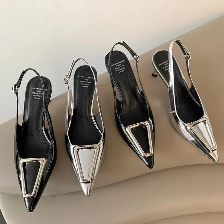 

2024Silver Leather Women Slingback Pumps Metal Buckle Shallow High Heels Black Chic Office Lady Work Sandalias Femmes Zapatillas