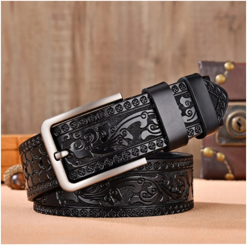 European and American Retro Embossed Casual Men's Belt, Cross-Border Style Black Multifunctional Leather Belt, 3.8 Cm.