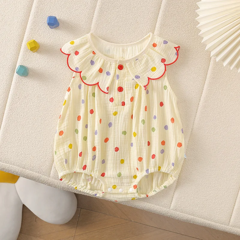 

2025 New Summer Baby Girls Pure Cotton Sleeveless Romper Colorful Polka Dots Ruffled Collar Princess Style Crawling Bodysuit