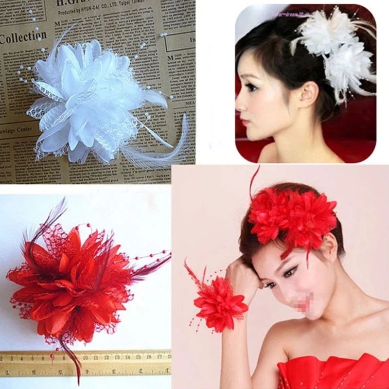 Feathers Flower Hair Accessories Wedding Party Floral Mesh Veil Headband Hairpin