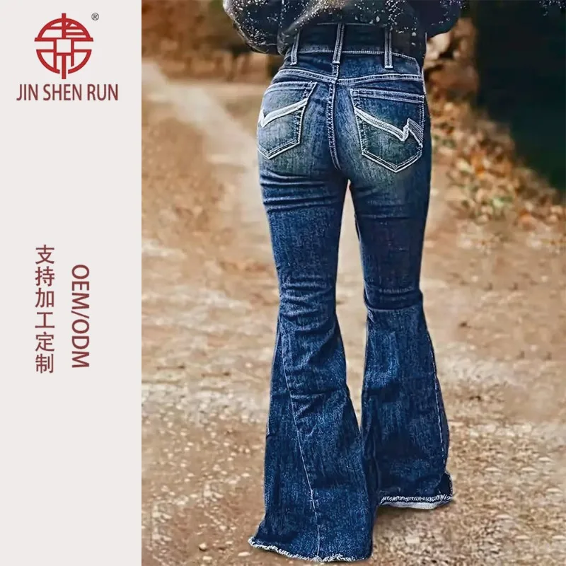 

Женские темно-синие расклешенные джинсы с высокой талией больших размеров, повседневные расклешенные брюки Y2K в стиле ретро с V-образной вышивкой