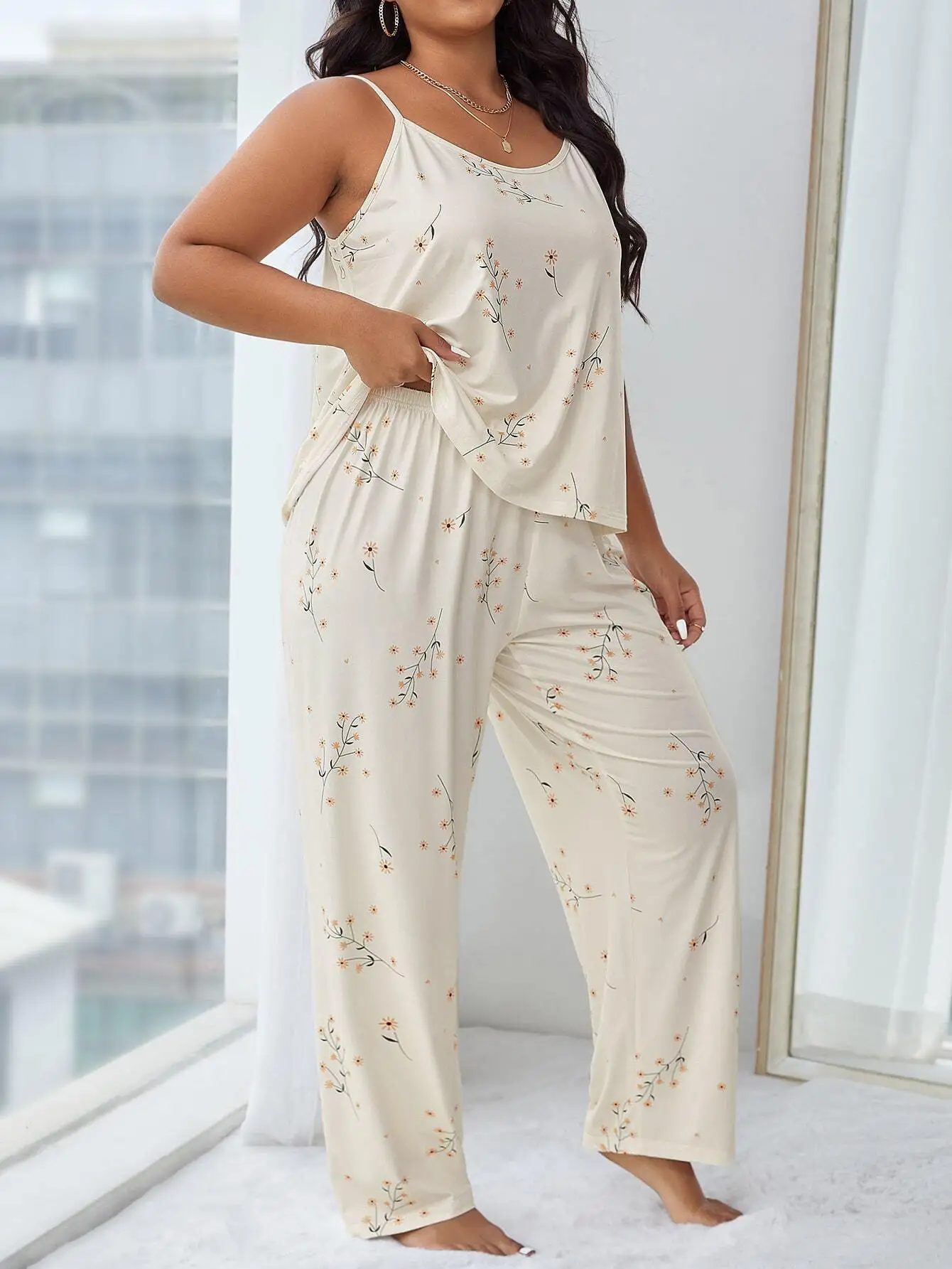 

Cream Floral Print Cami Top and Wide Leg Pants Pajama Set