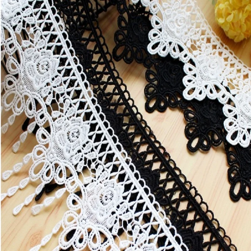 Embroidered Flower Lace Fabric Applique, Polyester Sewing Craft, Crochet, Off White, Black Net, Clothes, 2 Yards/Lot