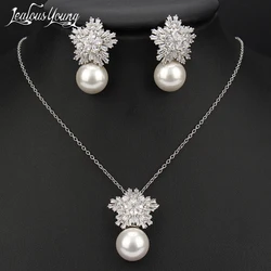 Romantic Cubic Zirconia Flower Pearls Earrings Pendant Necklace Jewelry Set for Women Bridal Wedding Gift