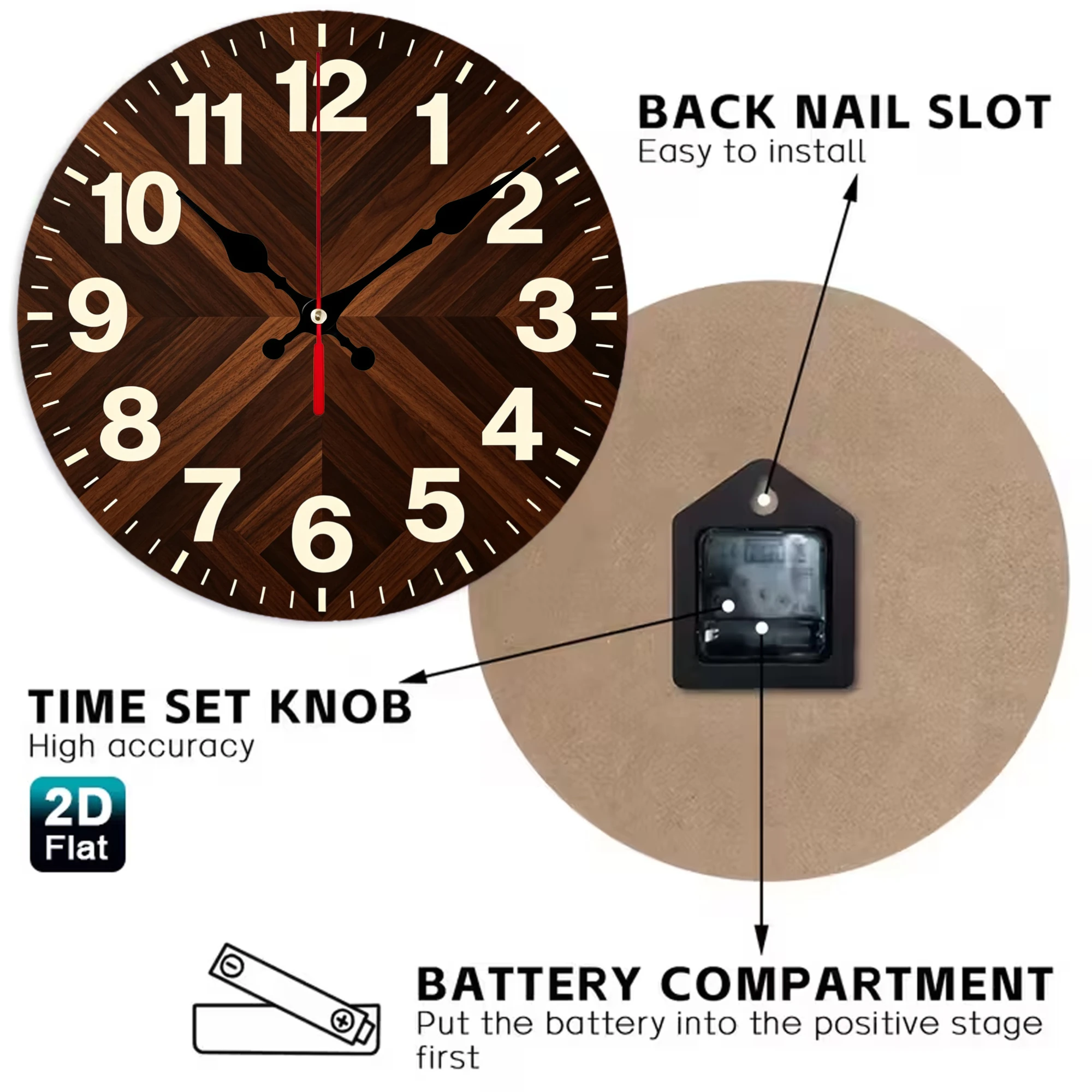 Dark Wood Grain Wooden Wall Clock, Silent Non Ticking Quartz Movement, 10/12 Inch Round Wood Clock for Home Decor, Living Room Bedroom Wall Decoration
