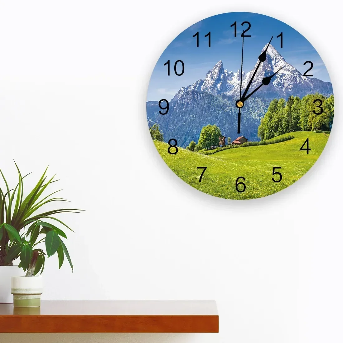 Mountain Peak Grassland Scenery Wall Clocks Silent Home Cafe Office Wall Decor Clocks for Kitchen Wall Art Large Wall Clocks