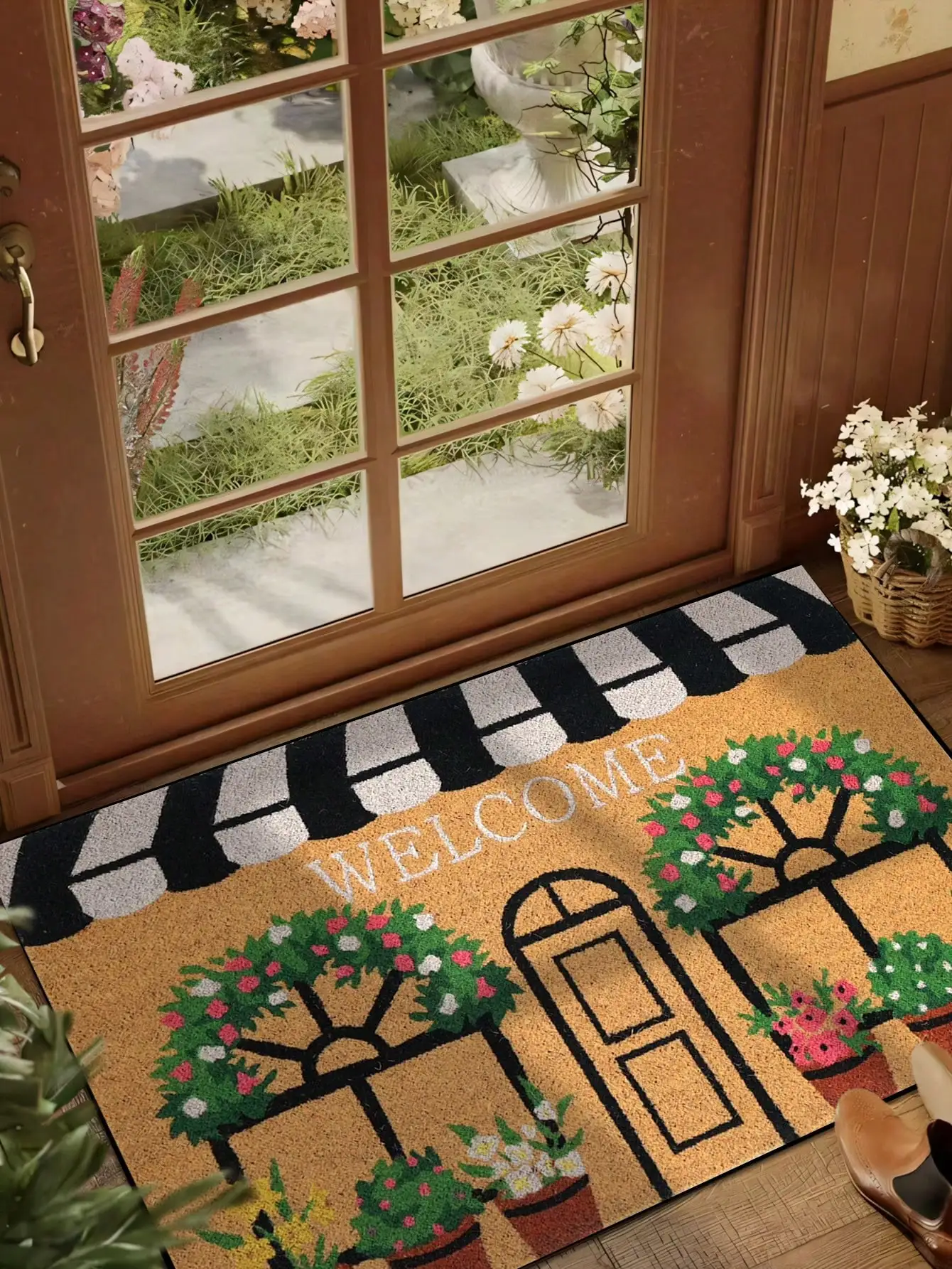 1pc Interesting Welcome Floral Print Doormat, Yellow Minimalist Short Plush Quick-Dry Non-Slip Washable Entrance Mat, Spring Patio Decor, Suitable For Kitchen