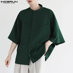 INCERUN Men's 3/4 Sleeve Solid Color Shirts Button Up Casual Tops