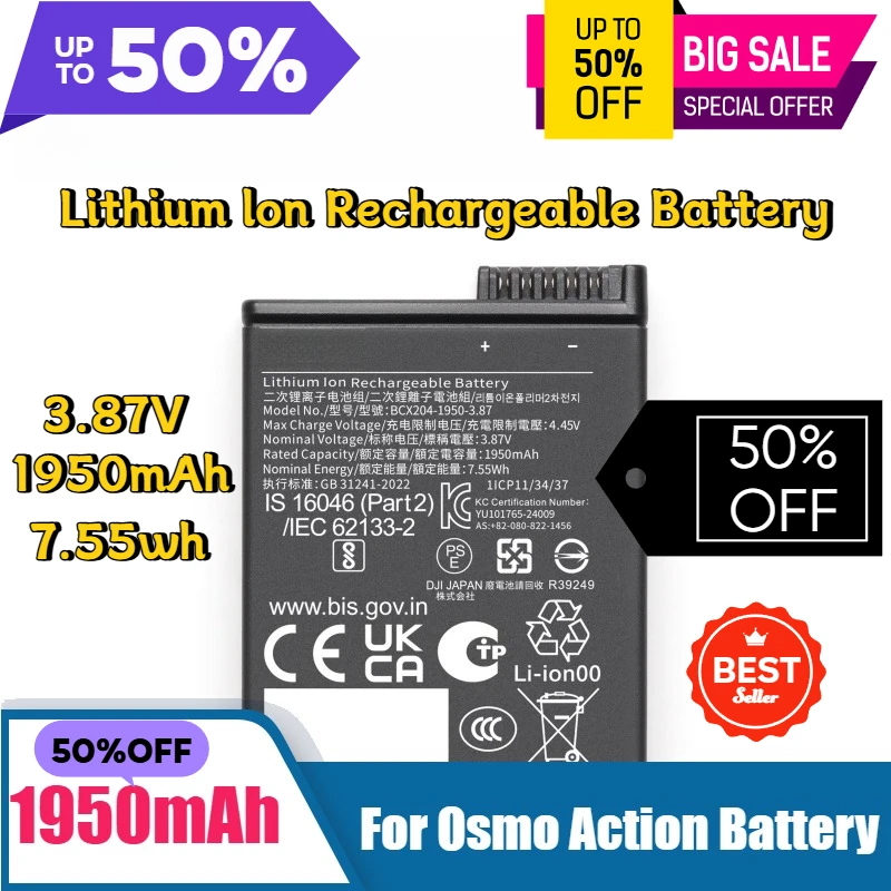 

1950mAh Rechargeable Batteries Suitable for DJI Osmo Action Osmo Action 5 Pro Cold-resistant Extended Battery