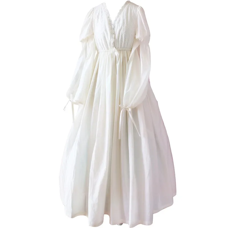 

White Low Cut Retro Lolita Princess 100% Cotton Nightgowns Sleepshirts Women Free Size Loose Homewear Palace England Pajamas