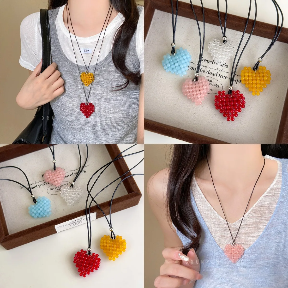 Necklace Beaded Heart Adjustable Long Black Cord Colorful Sweet Handmade Premium Versatile Sweater Chain for Women Daily