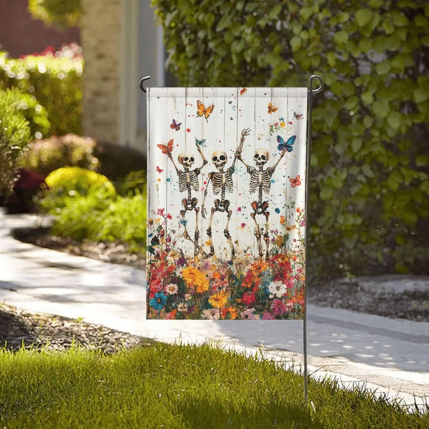 Skeleton Skull Wildflower Garden Flags for Outside 12×18 Inch bbp