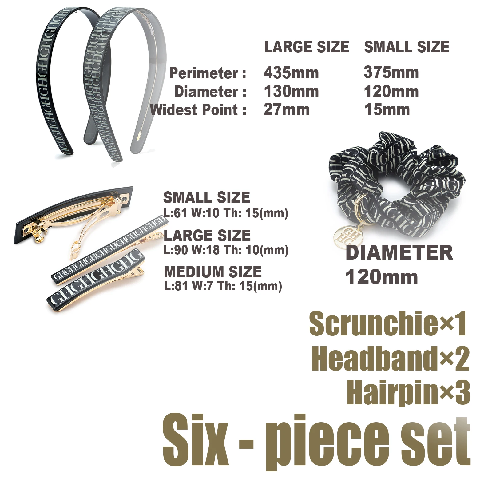 Women Hair Accessories Set 6Pcs Black Letter Pattern Scrunchie Headbands Hair Clips Daily Casual Style With Gift Box