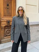 HH Women Casual Asymmetrical Dark Grey Blazer One Button Long Sleeve Jacket Coats 2026 Trend Vintage Solid Office Blazers 4