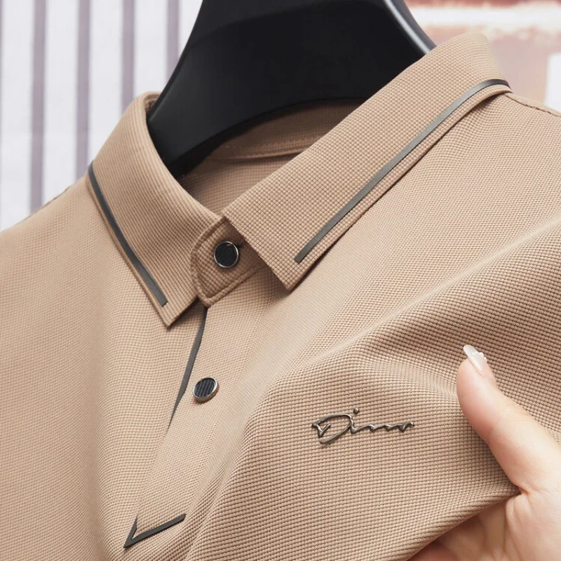 Nuova polo da uomo senza cuciture, tessuto fresco di lusso premium, business casual, golf, vestibilità slim, colletto in camicetta