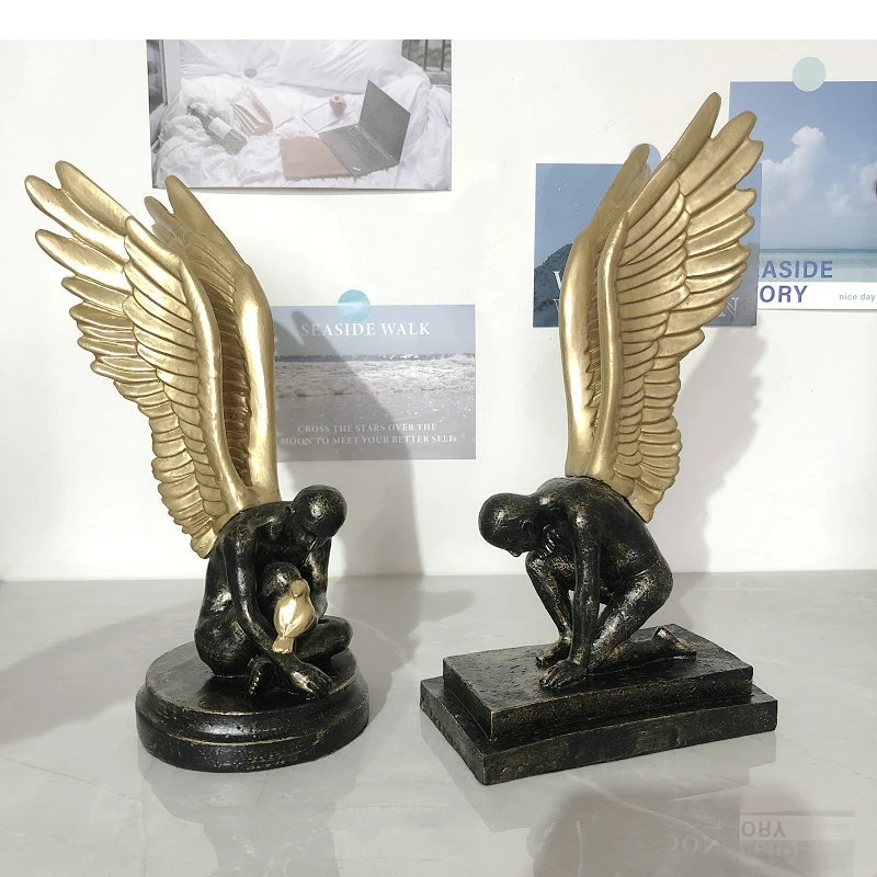 Resin Handicraft Golden Angel Winged Boy Abstract Figure Sculpture Thinker Decorative Figurines Home Decoration Accessories