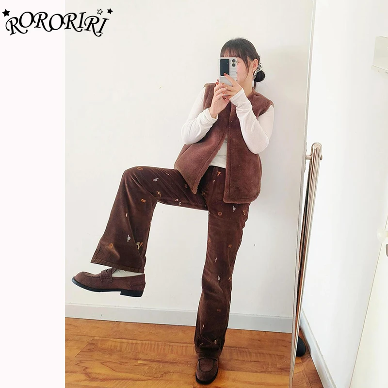 

RORORIRI коричневые вельветовые брюки в стиле ретро с вышивкой, шикарный нишевый узор, прямые повседневные брюки с широкими штанинами, зимняя женская одежда