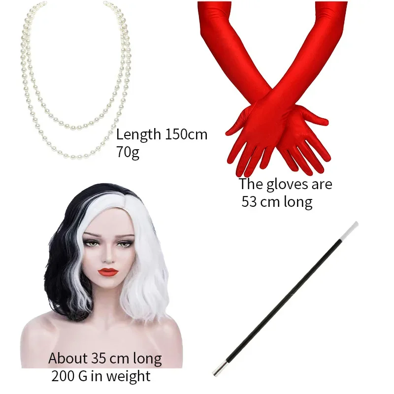 Cruella Deville De Vil parrucca nera bianca per capelli Deville capelli corti ricci ondulati resistenti al calore Cosplay parrucche di Halloween guanti puntelli