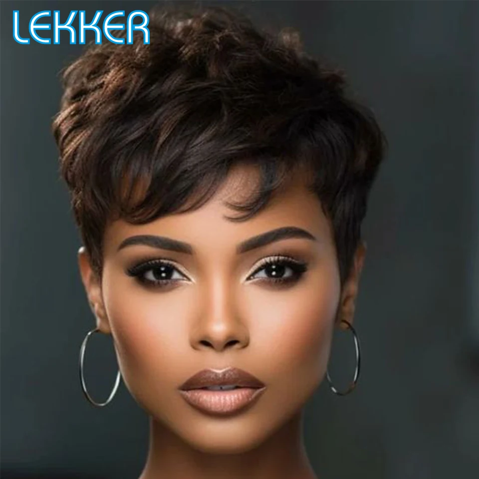 Lekker Natural Black Short Pixie Cut Curly 100% Human Hair Wig For Women Brazilian Remy Hair Colored Side Part Full Machine Wigs